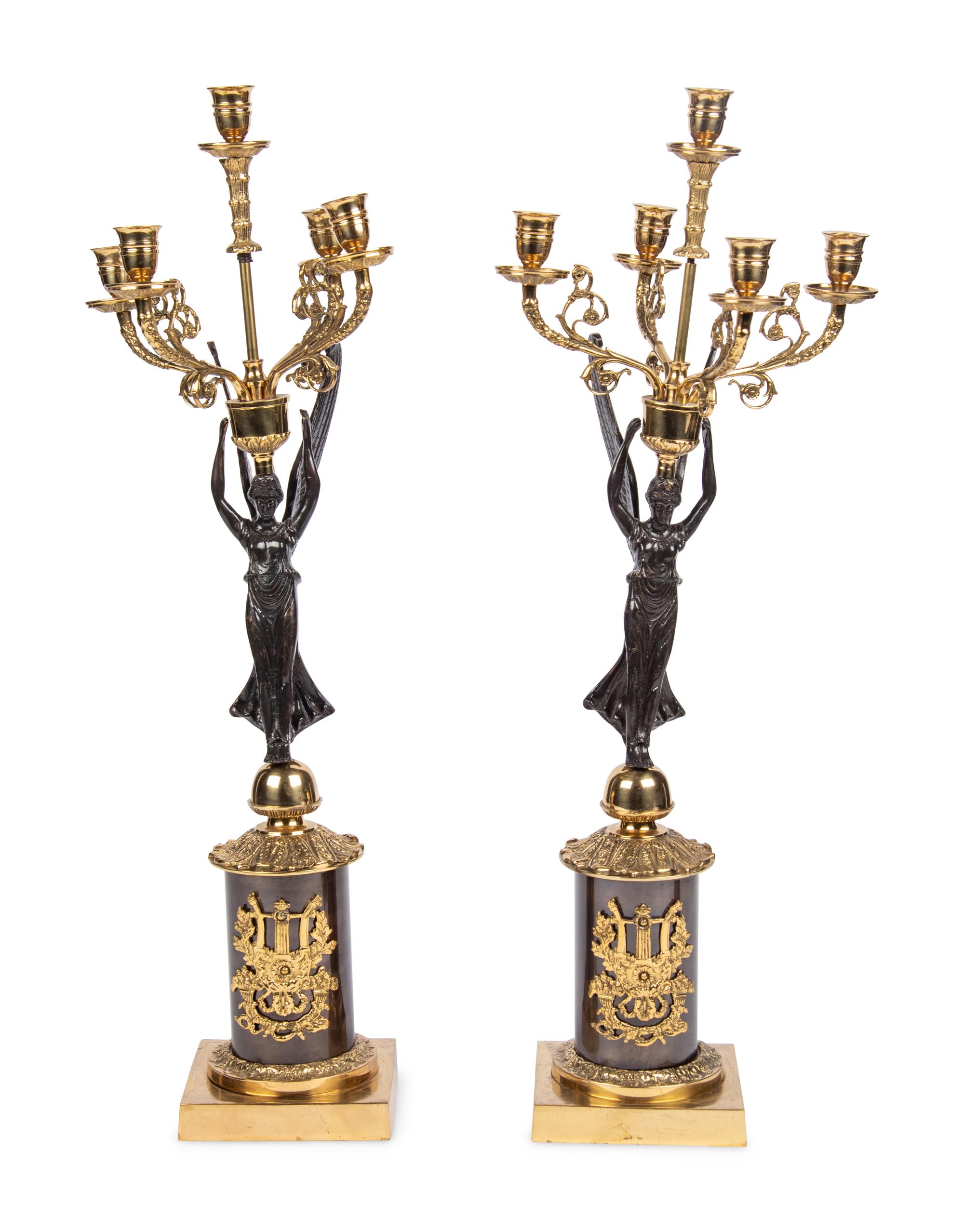 A Pair of Empire Style Gilt Metal Five-Light Candelabra