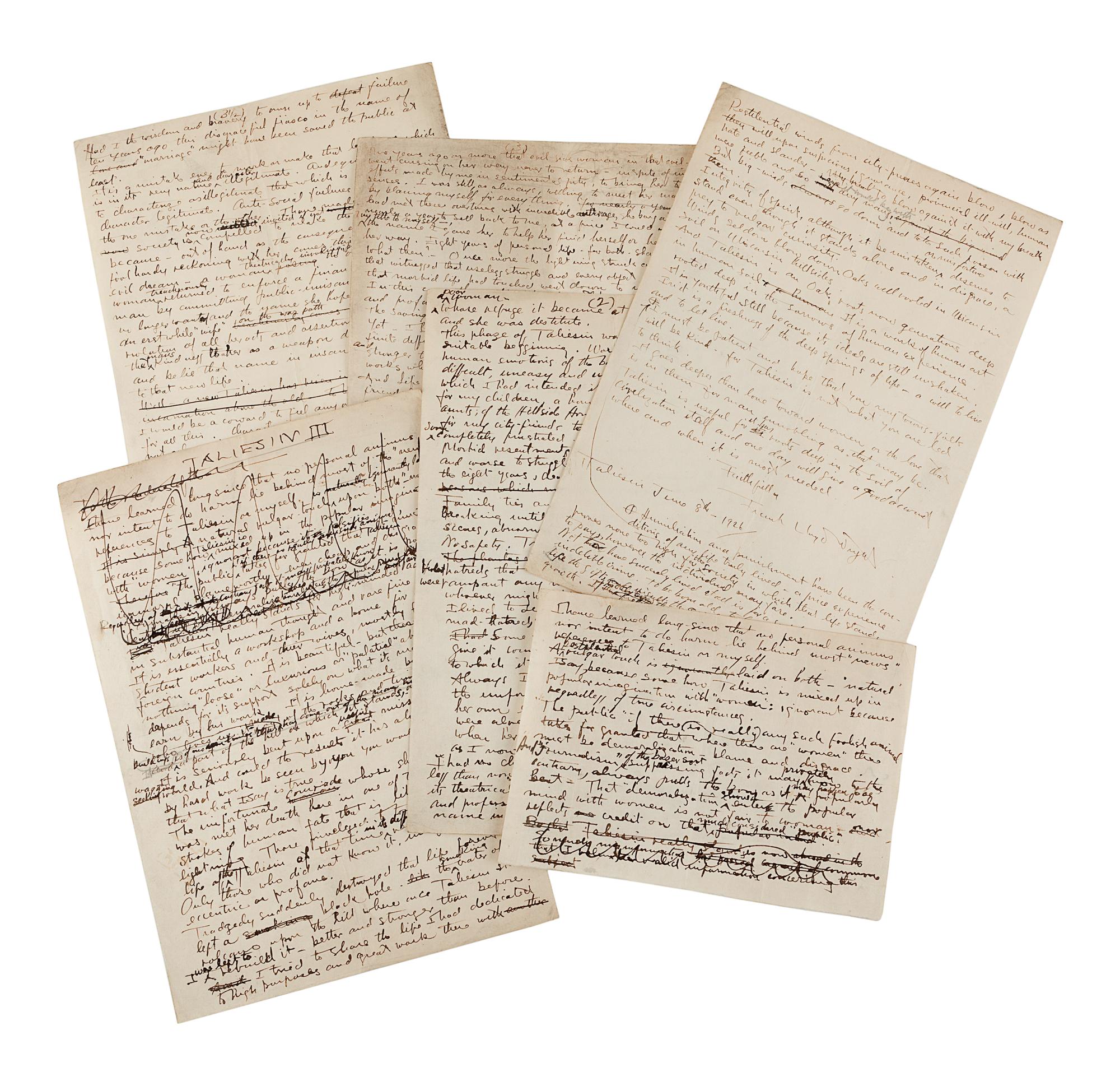 WRIGHT, Frank Lloyd (1867-1959). Autograph manuscript signed ("Frank Lloyd Wright"), entitled "Taliesin III," numerous holograph emendations and corrections in ink, a few in pencil N.p. Taliesin, 8 June 1926. 5 1/2 pages, 4to, creased.