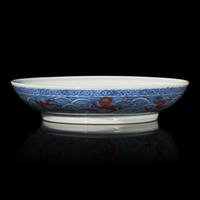 A Chinese Iron Red Decorated Underglaze Blue Porcelain 'Dragon' Dish, Qianlong Mark 乾隆款 青花釉裏紅龍紋賞盤