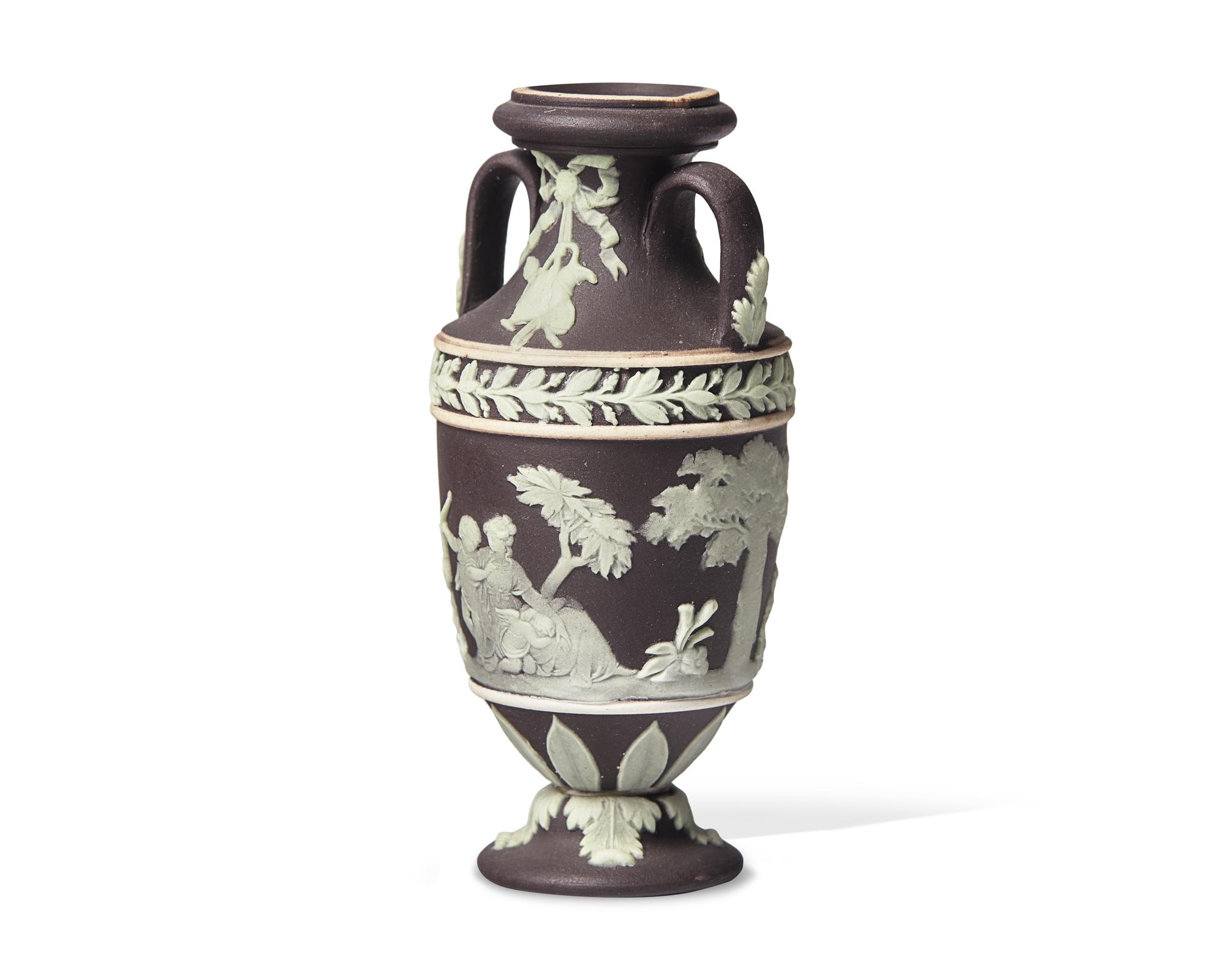 A Miniature Wedgwood Chocolate Brown Jasper Amphora