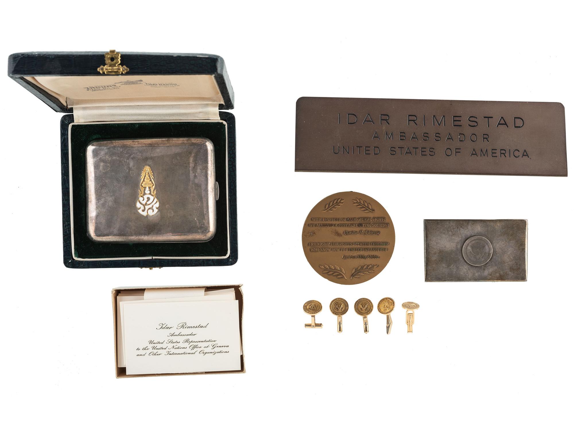 [JOHNSON, Lyndon B. (1908-1973).] A group of political items associated with the administration of President Lyndon B. Johnson and highlighted by a Tiffany & Co. box with presidential seal.