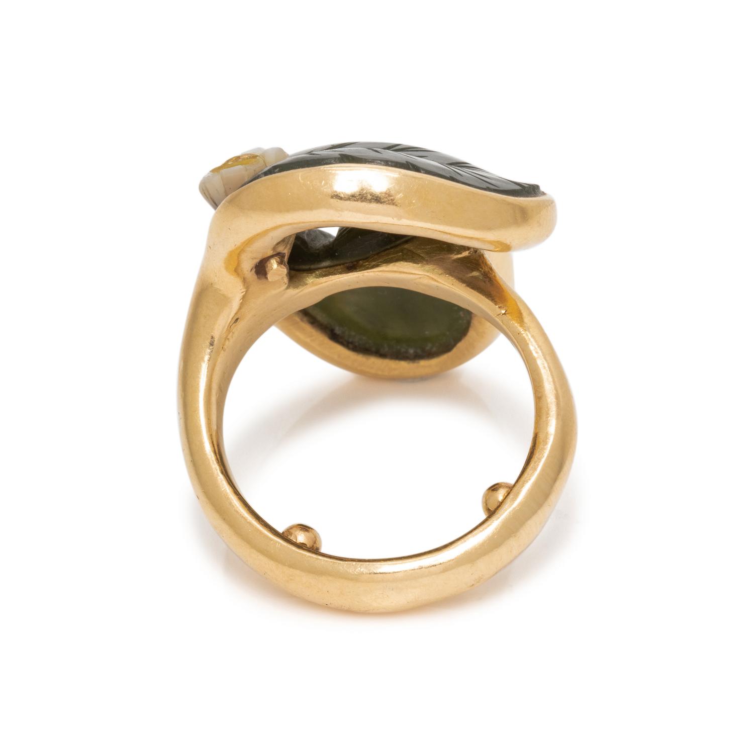 NEPHRITE, MOTHER-OF-PEARL AND COLORED DIAMOND RING