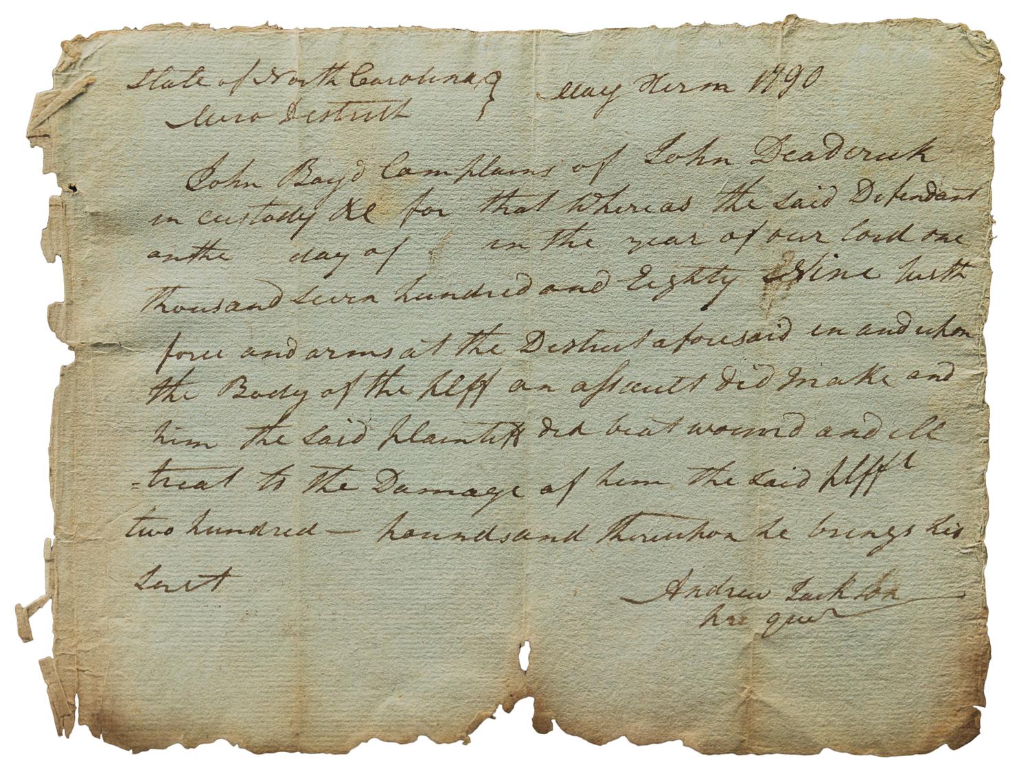 JACKSON, Andrew (1767-1845). Early autographed document signed ("Andrew Jackson"), as solicitor of the Western District of NC, 1790