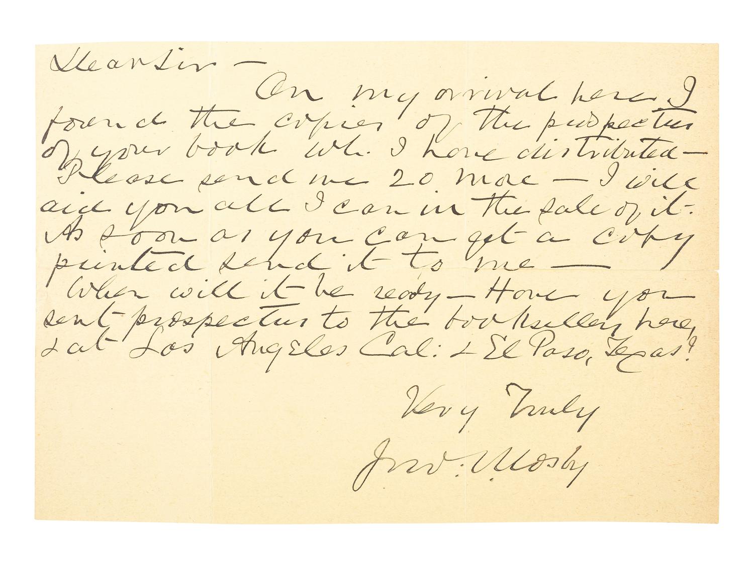 MOSBY, JOHN S. (1833-1916). ANS regarding the book Mosby's Rangers. N.d.