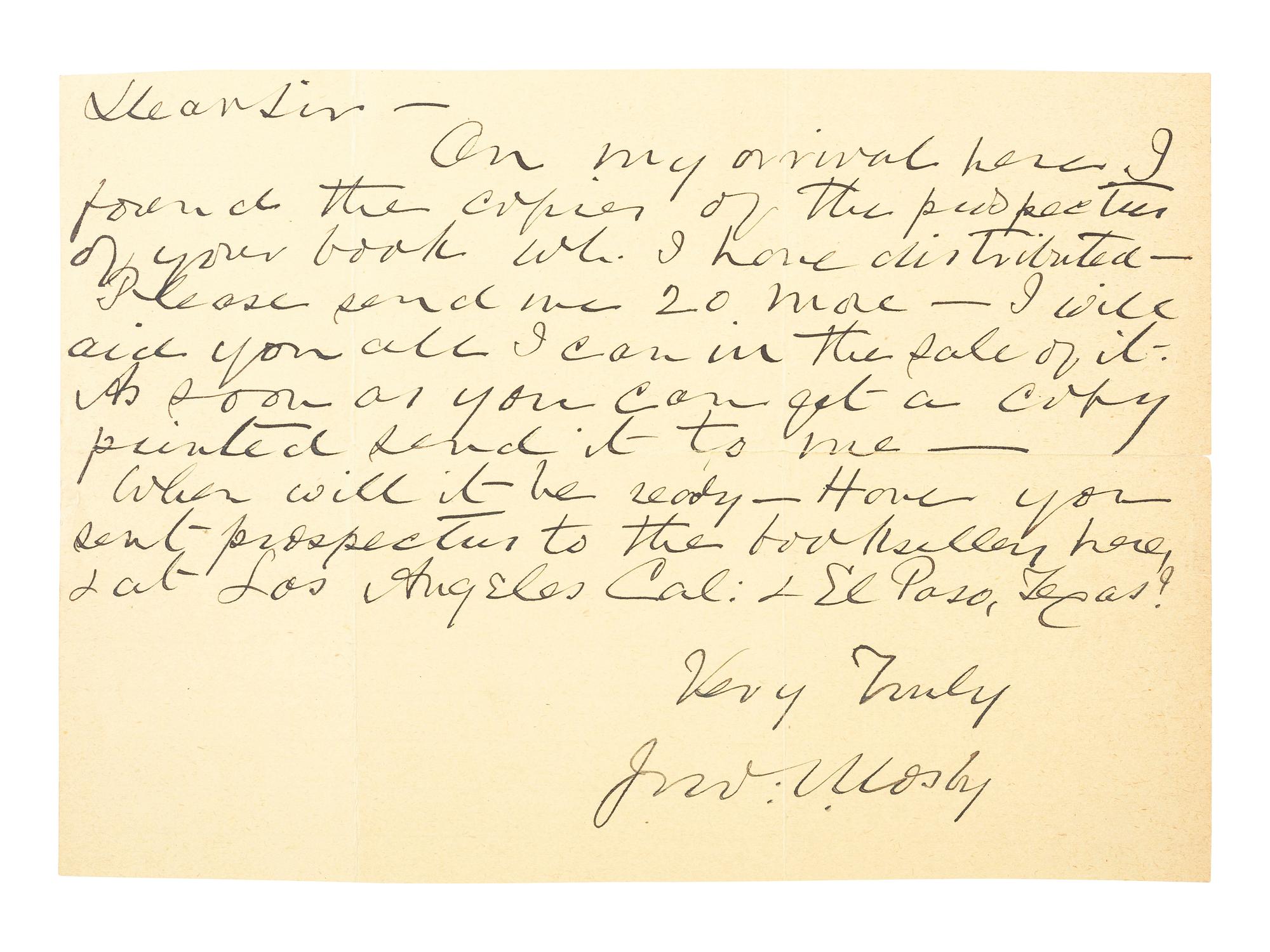 MOSBY, JOHN S. (1833-1916). ANS regarding the book Mosby's Rangers. N.d.