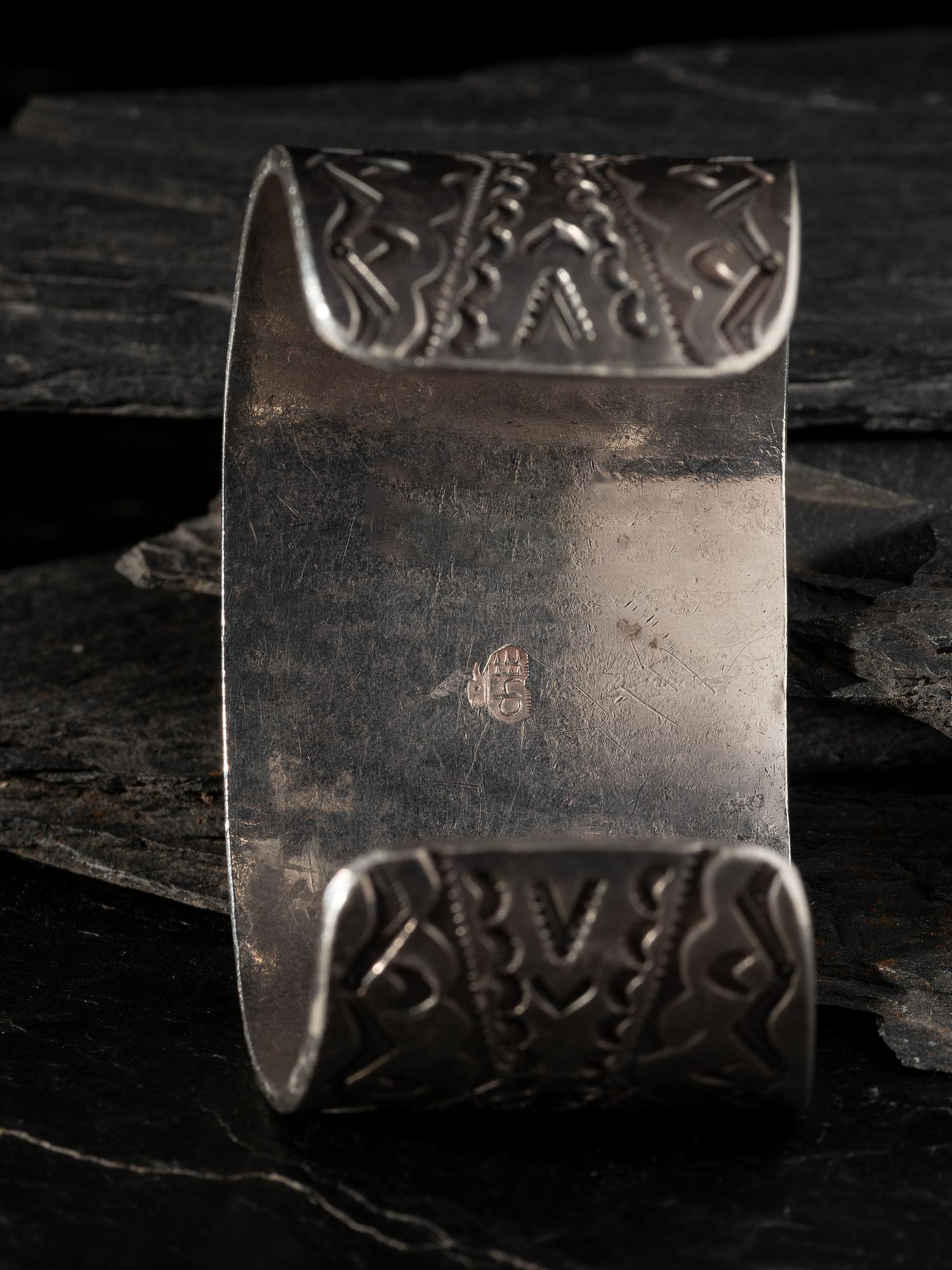 Wide and Heavily Stamped Man's Cuff Bracelet, with Large #8 Turquoise Cabochon