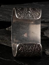 Wide and Heavily Stamped Man's Cuff Bracelet, with Large #8 Turquoise Cabochon