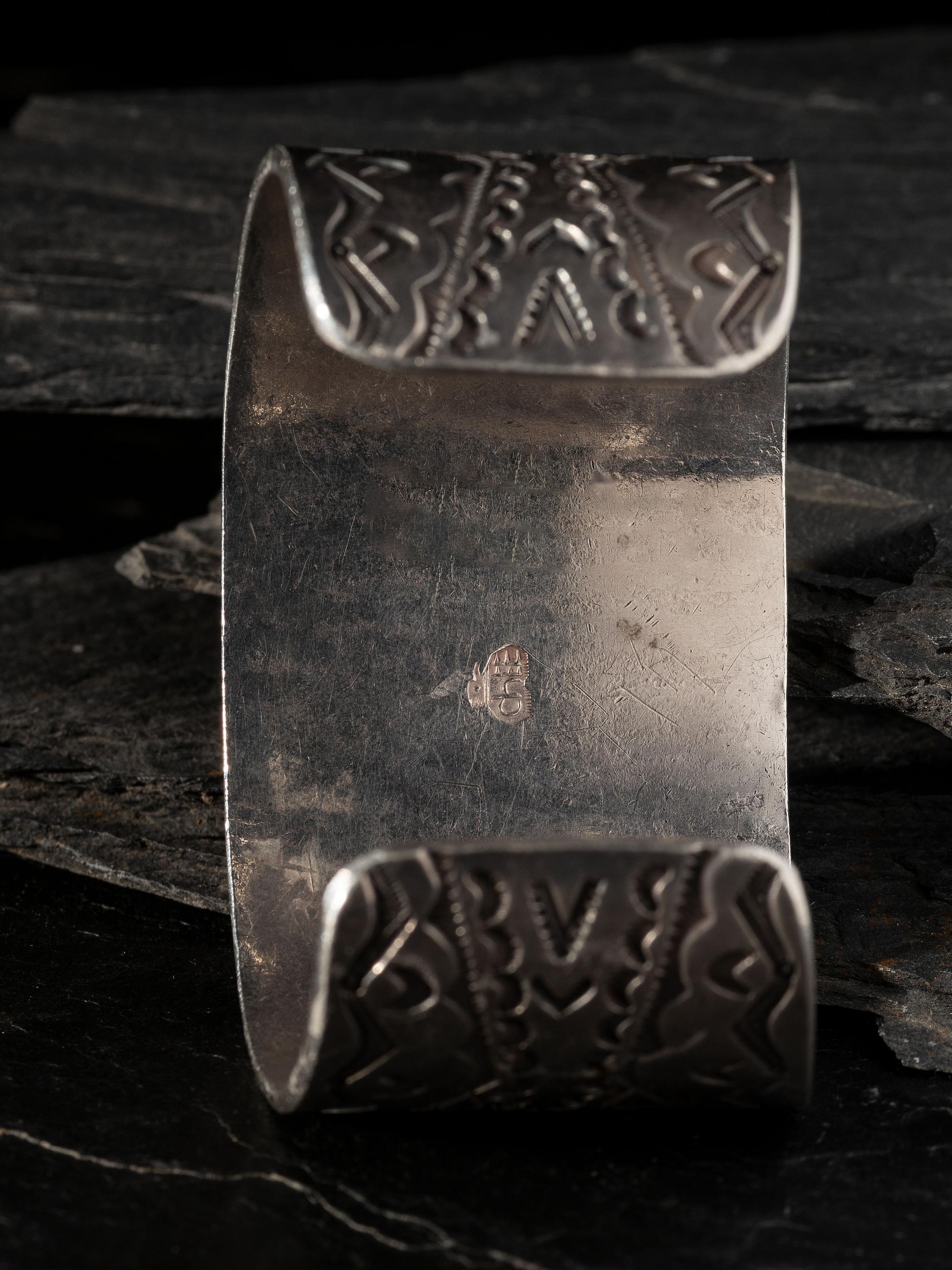 Wide and Heavily Stamped Man's Cuff Bracelet, with Large #8 Turquoise Cabochon