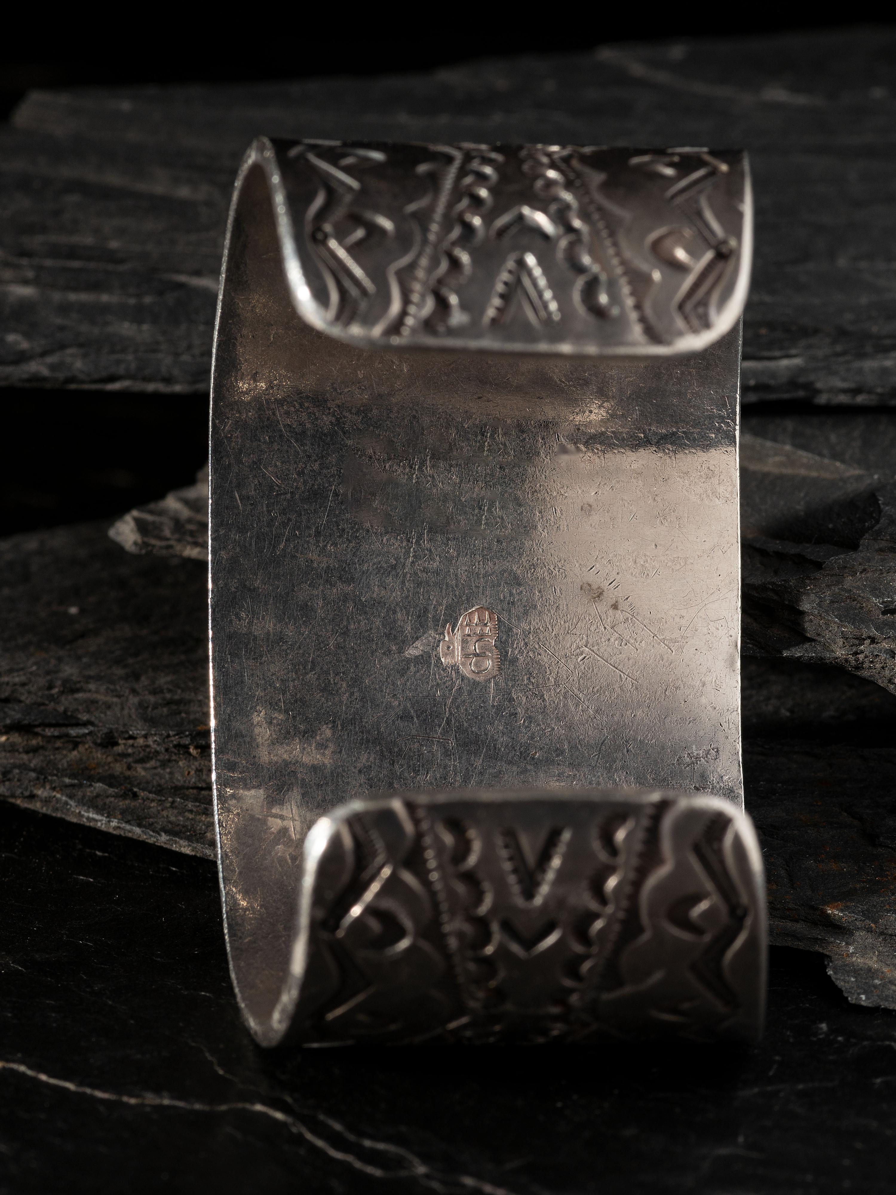 Wide and Heavily Stamped Man's Cuff Bracelet, with Large #8 Turquoise Cabochon