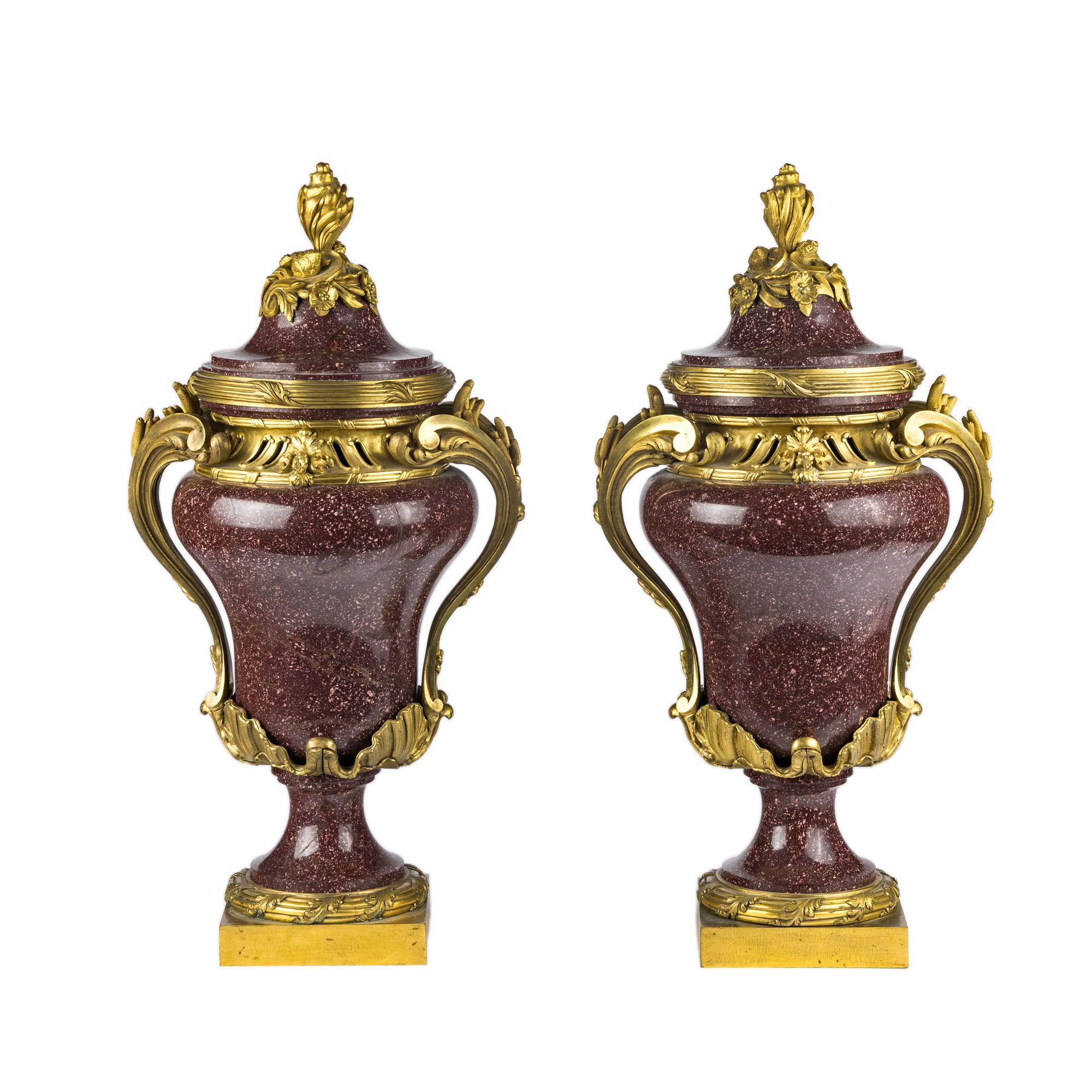 A Pair of Gilt Bronze Mounted Porphyry Urns