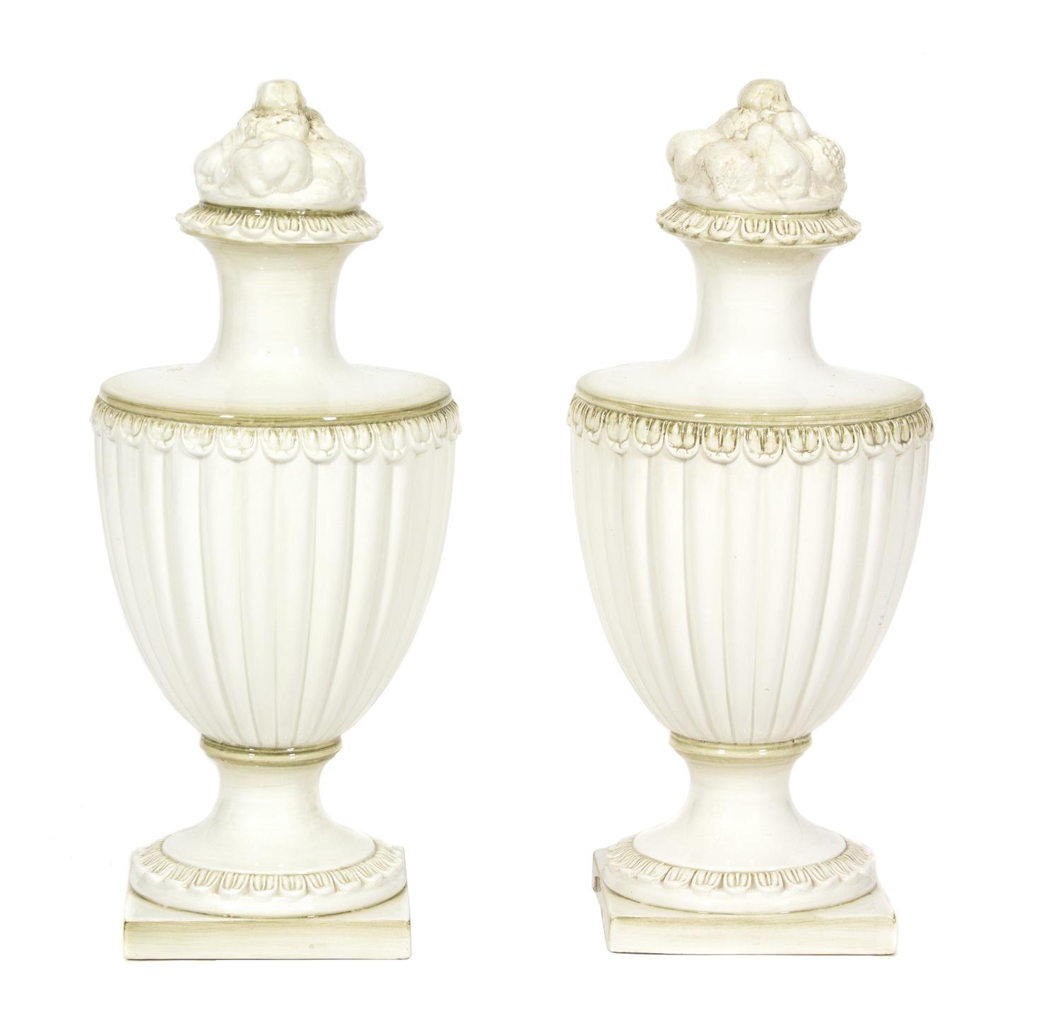 A Pair of White and Green Glazed Ceramic Urns — 21ST CENTURY