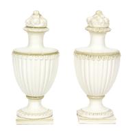 A Pair of White and Green Glazed Ceramic Urns — 21ST CENTURY
