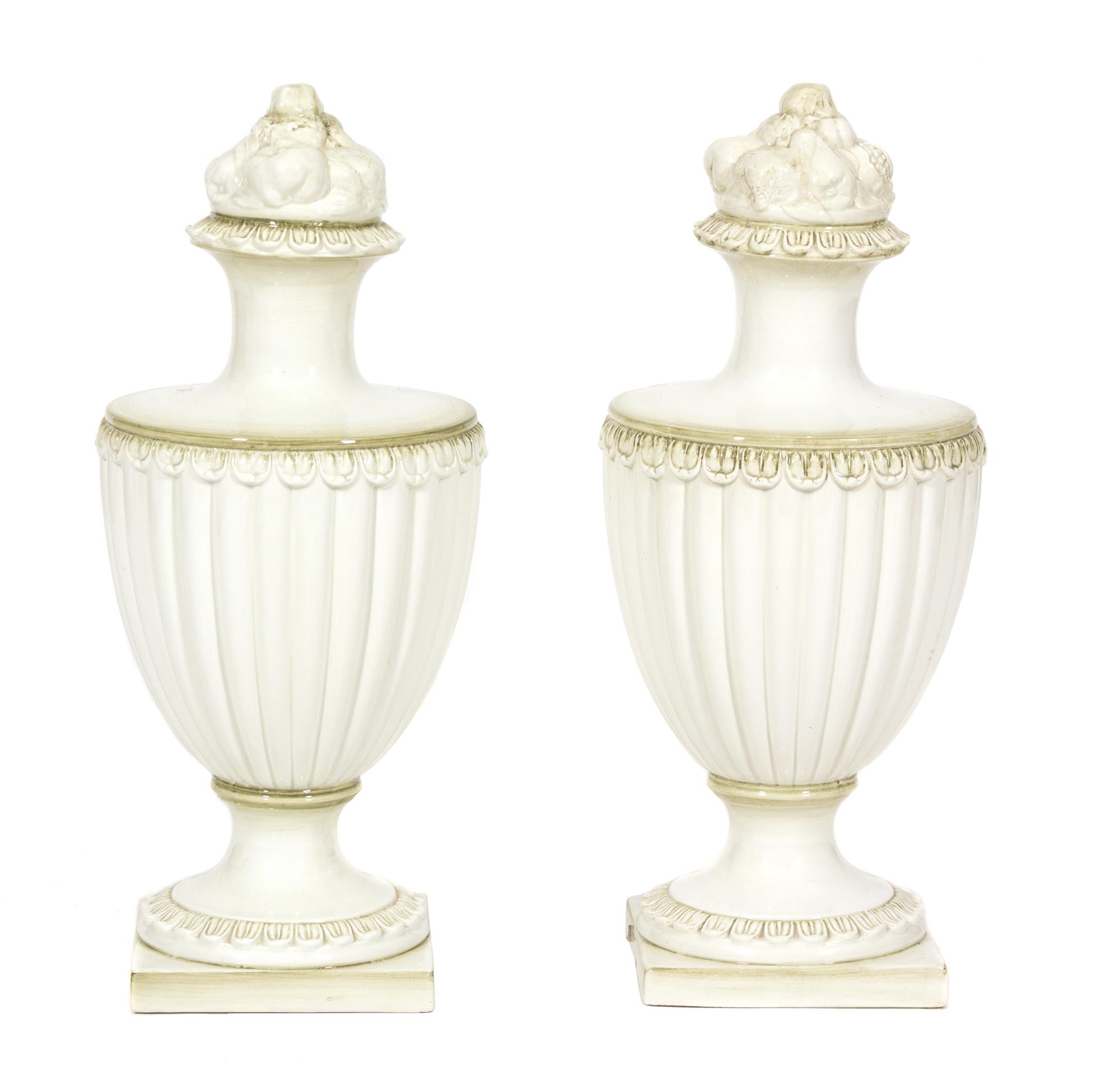 A Pair of White and Green Glazed Ceramic Urns — 21ST CENTURY