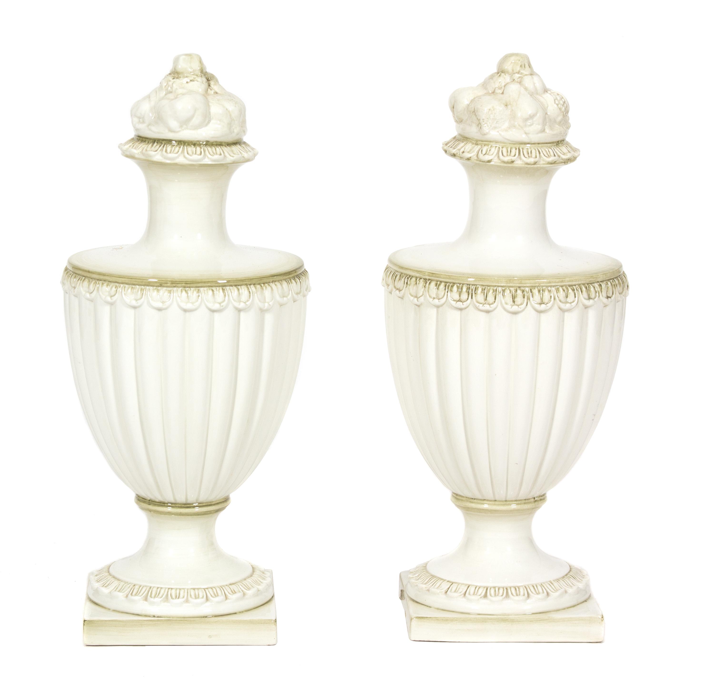 A Pair of White and Green Glazed Ceramic Urns — 21ST CENTURY