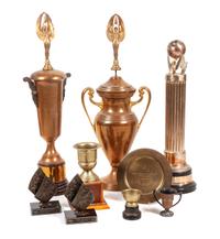 A Group of Nine Trophies for Various Dog Breeds Height of tallest 39 inches.