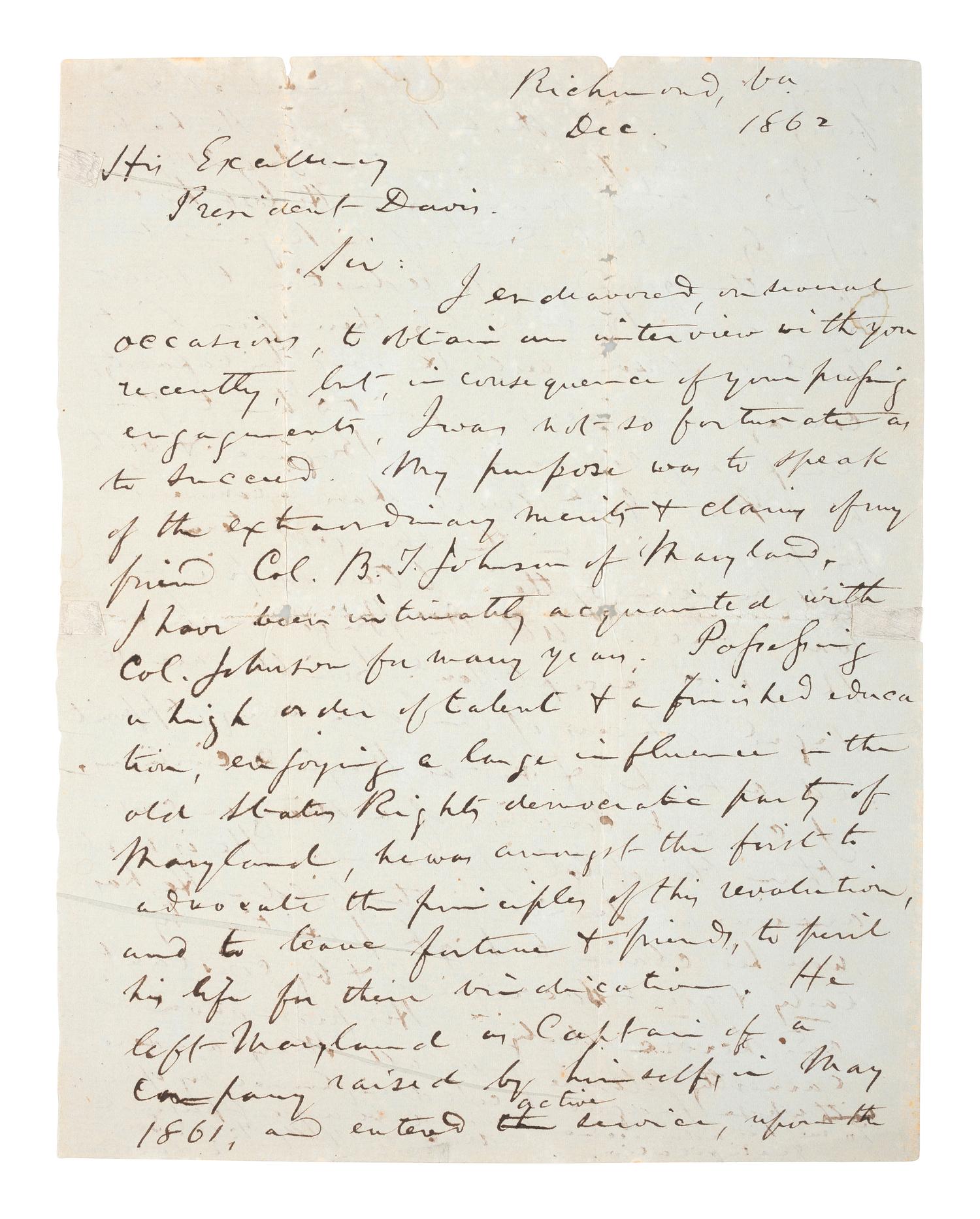 [CIVIL WAR]. A collection of 5 ALsS from E. Louis Lowe, former Governor of Maryland, regarding his efforts to seek an appointment for Colonel Bradley Johnson as a Brigadier General in the Confederate Army,