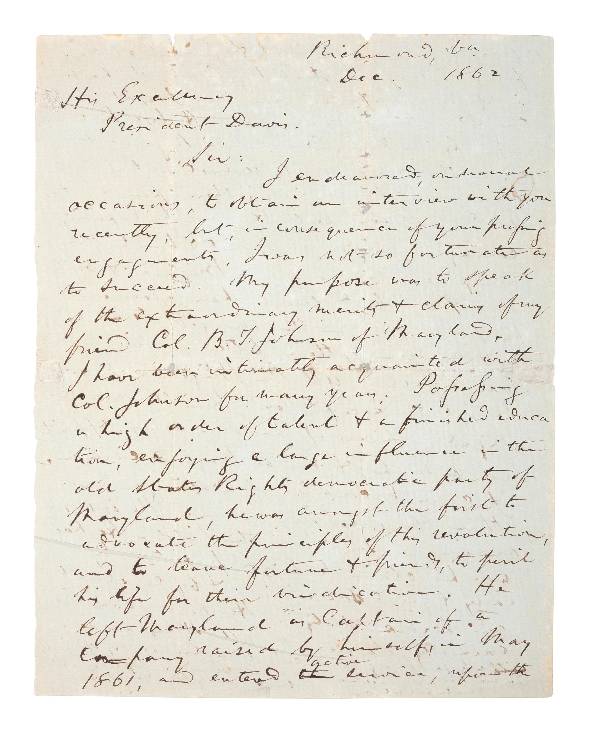 [CIVIL WAR]. A collection of 5 ALsS from E. Louis Lowe, former Governor of Maryland, regarding his efforts to seek an appointment for Colonel Bradley Johnson as a Brigadier General in the Confederate Army,