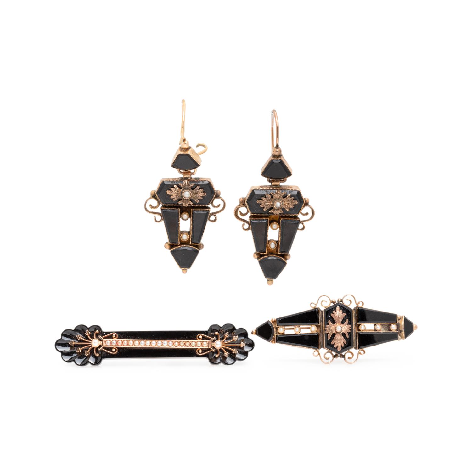 VICTORIAN, COLLECTION OF ONYX AND SEED PEARL JEWELRY