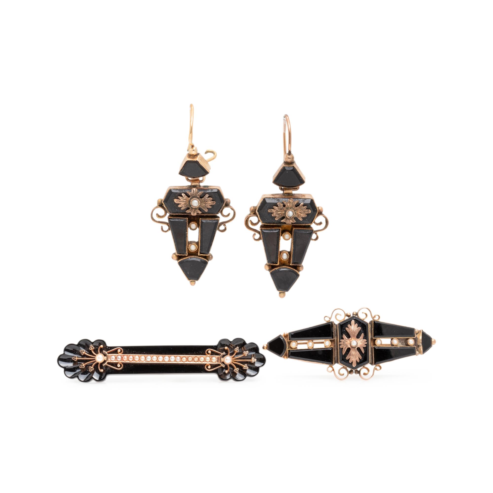 VICTORIAN, COLLECTION OF ONYX AND SEED PEARL JEWELRY