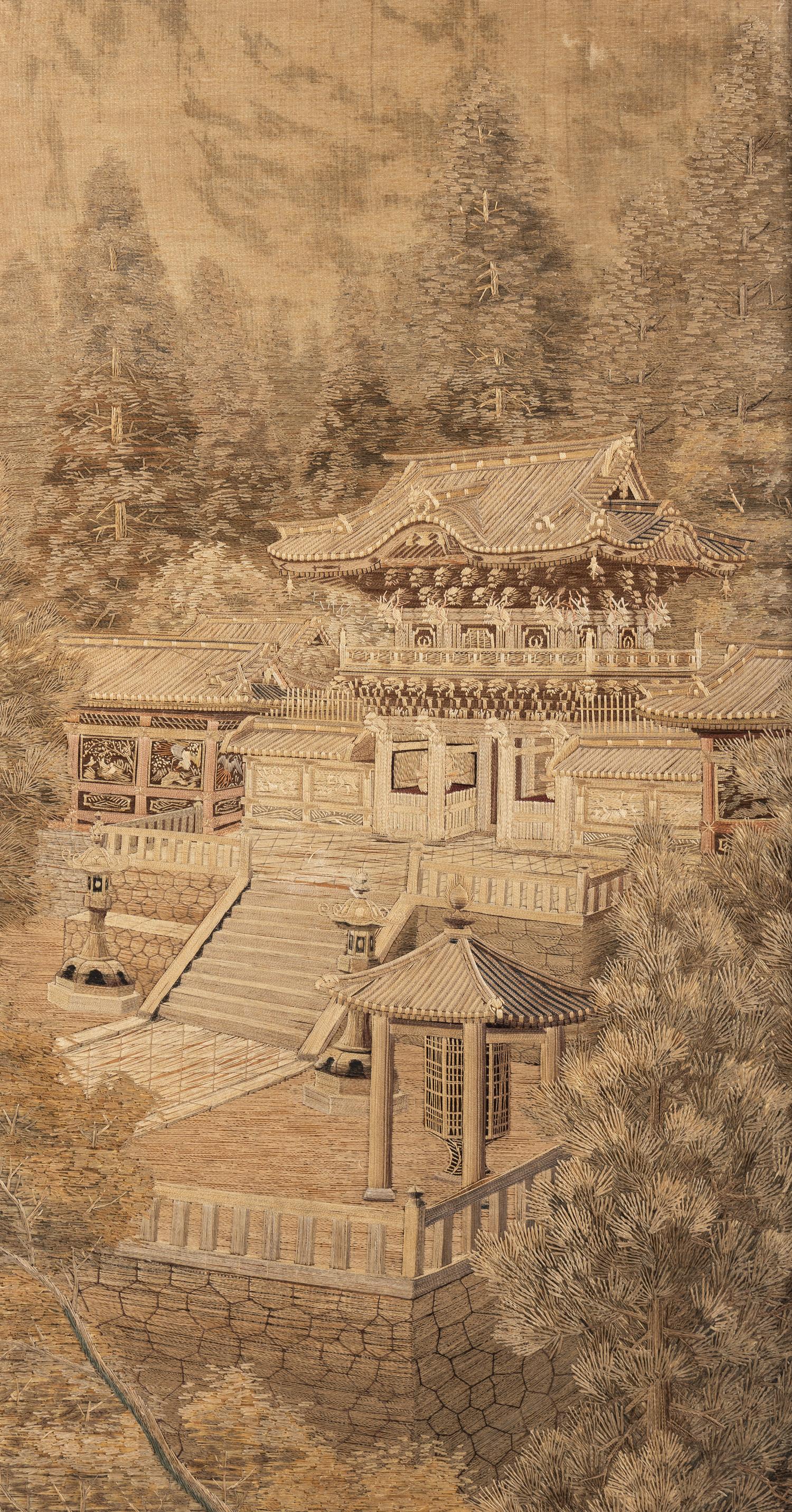 A Japanese Embroidered Silk Four-Fold Screen