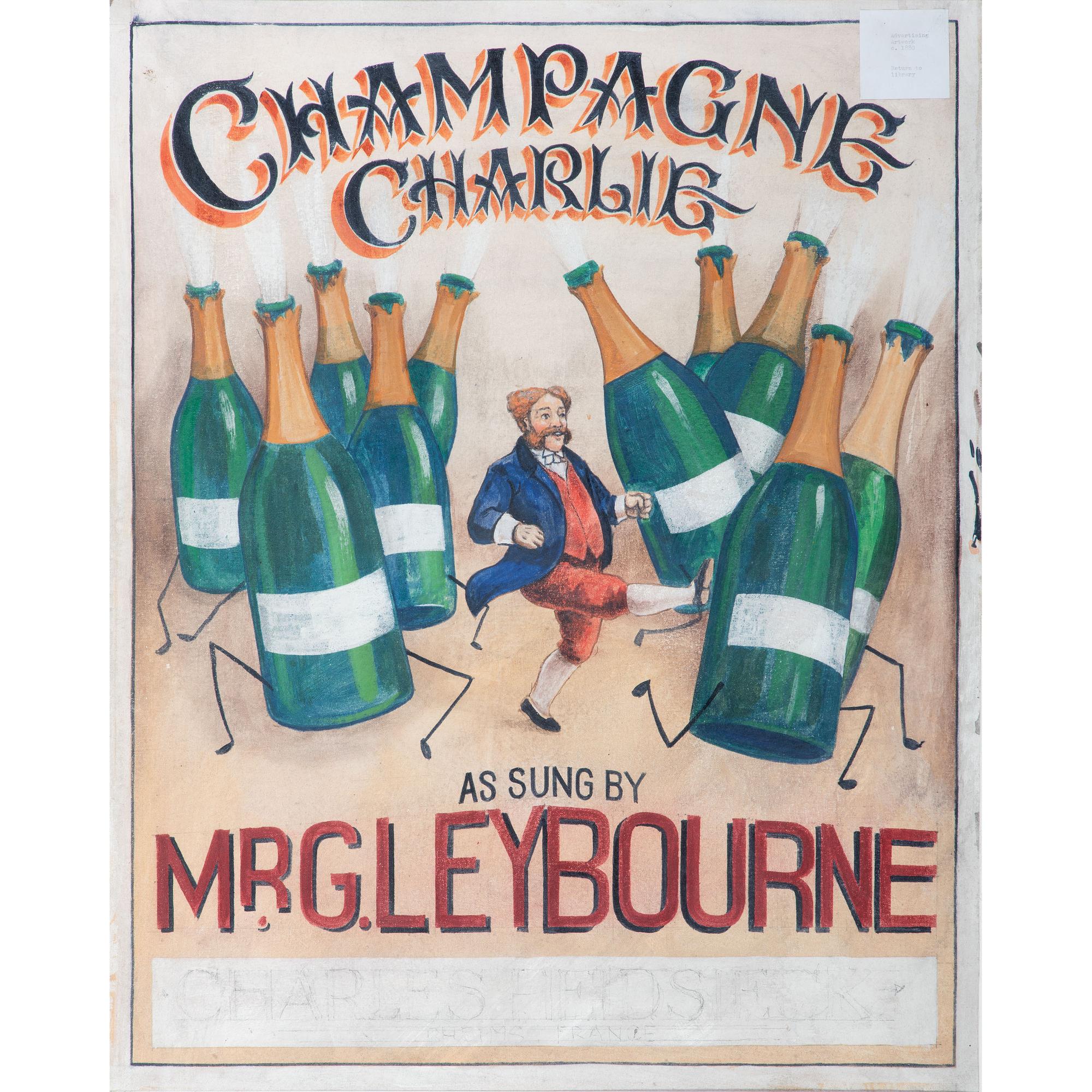 A Champagne Charlie Painted Canvas Advertising Sign