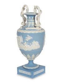 A Pale Blue Wedgwood Jasperware Two-Handled Serpent Vase