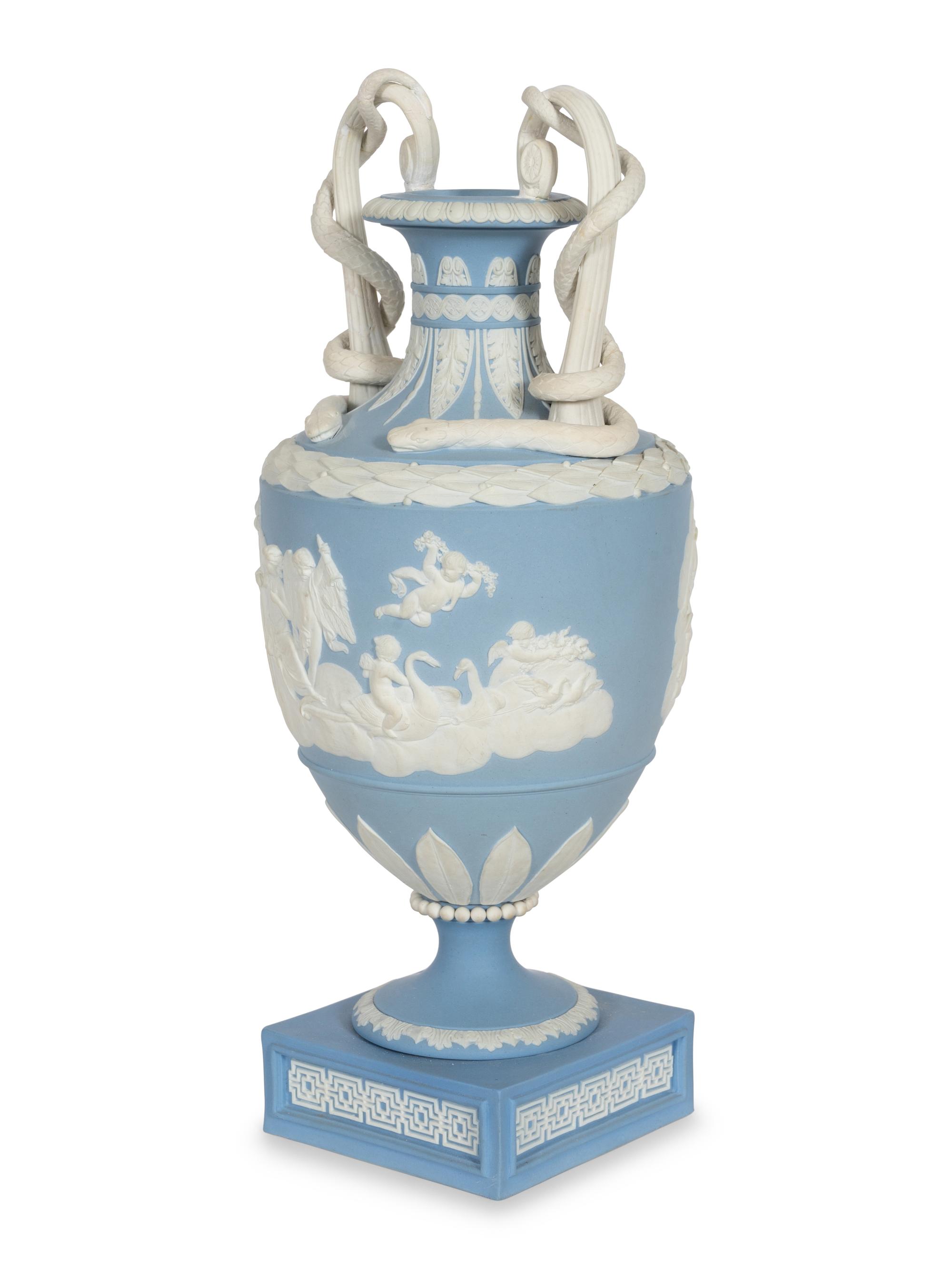 A Pale Blue Wedgwood Jasperware Two-Handled Serpent Vase