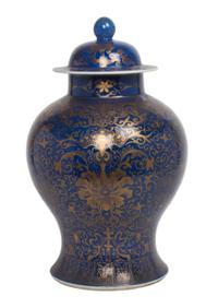 A Powder Blue and Gilt Decorated Porcelain Covered Jar Height 18 inches. — POSSIBLY 19TH CENTURY OR EARLIER