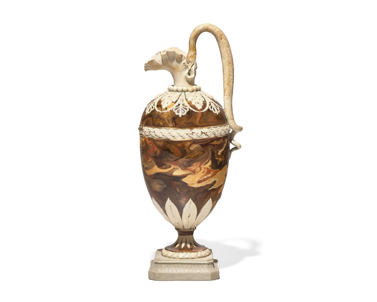 A Wedgwood Brown and White Agateware Ewer with Snake Handle
