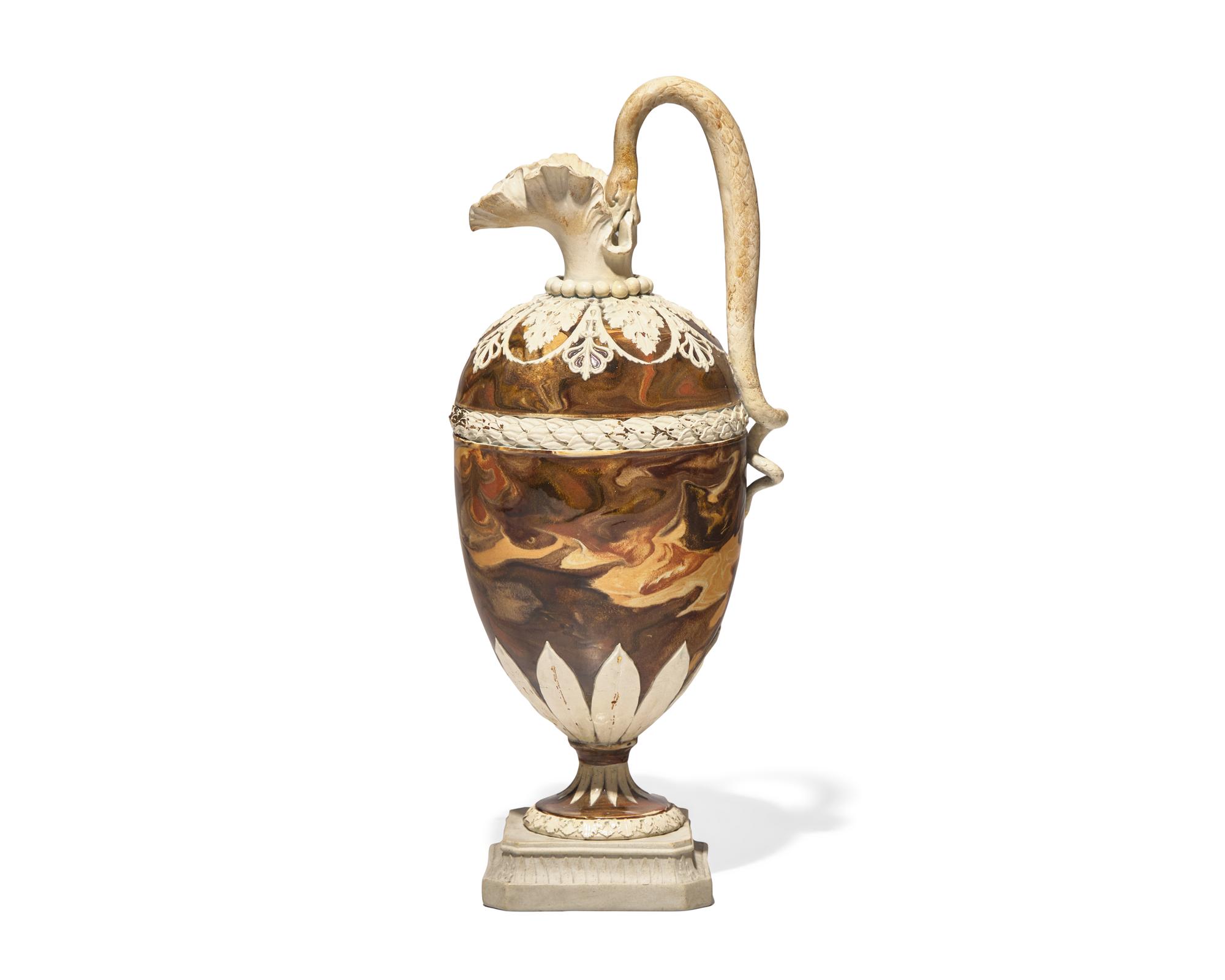 A Wedgwood Brown and White Agateware Ewer with Snake Handle