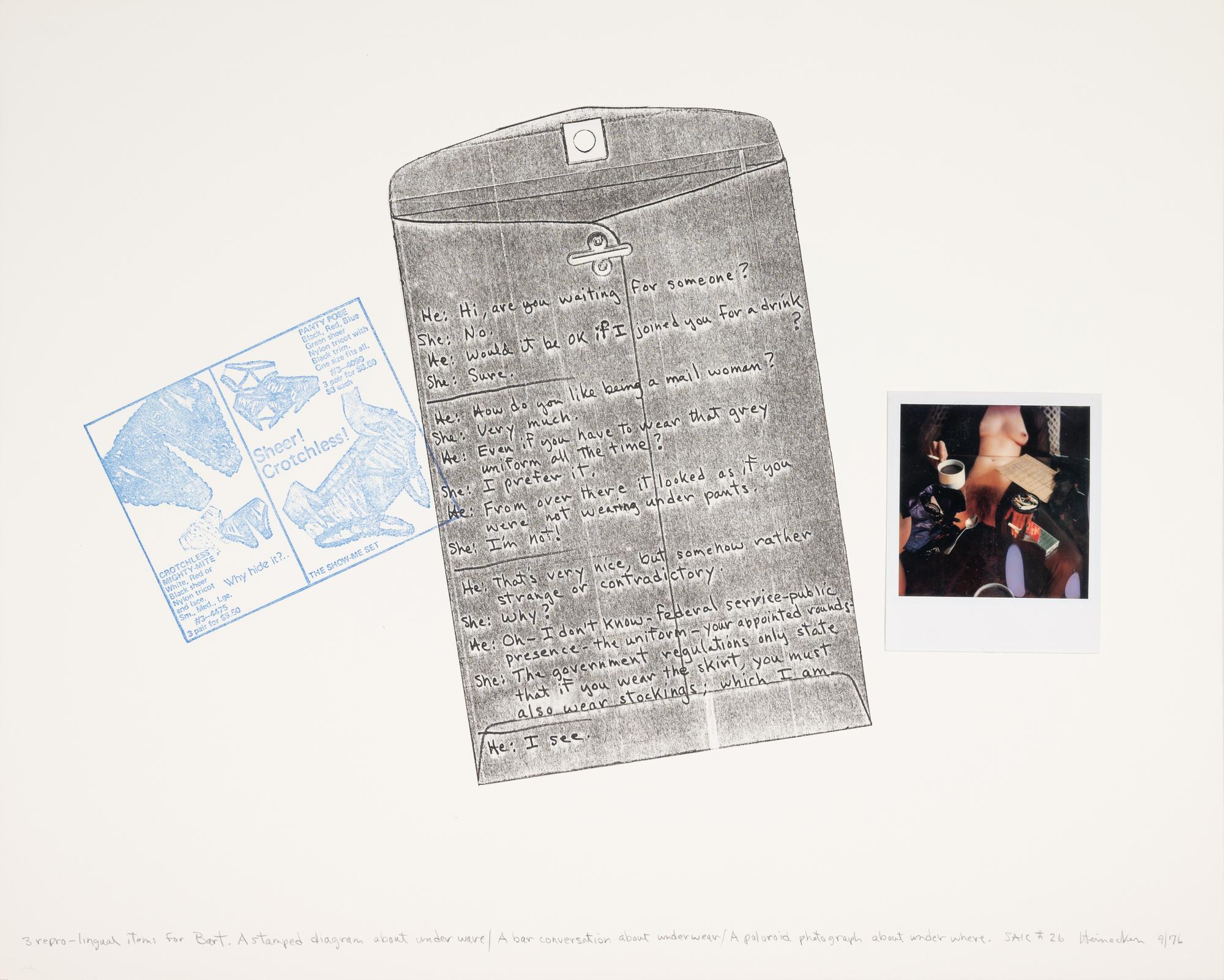 3 repro-lingual items for Bart. A stamped diagram about underware / A bar conversation about underwear / A poloroid photograph about under where.