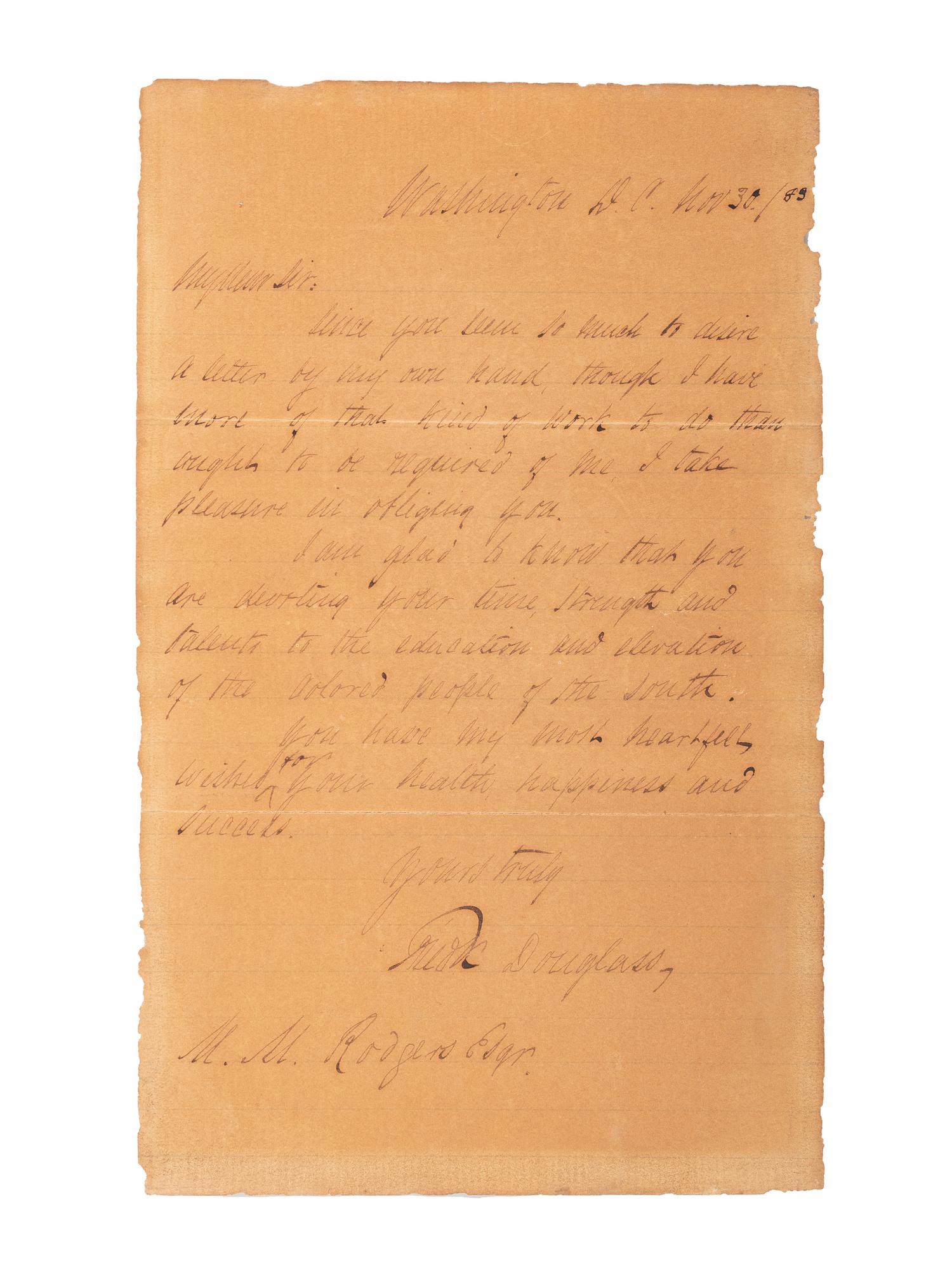 DOUGLASS, Frederick (1817-1895). Autograph letter signed ("Fredk. Douglass"), to M. M. Rodgers. Washington DC, 30 November 1888.