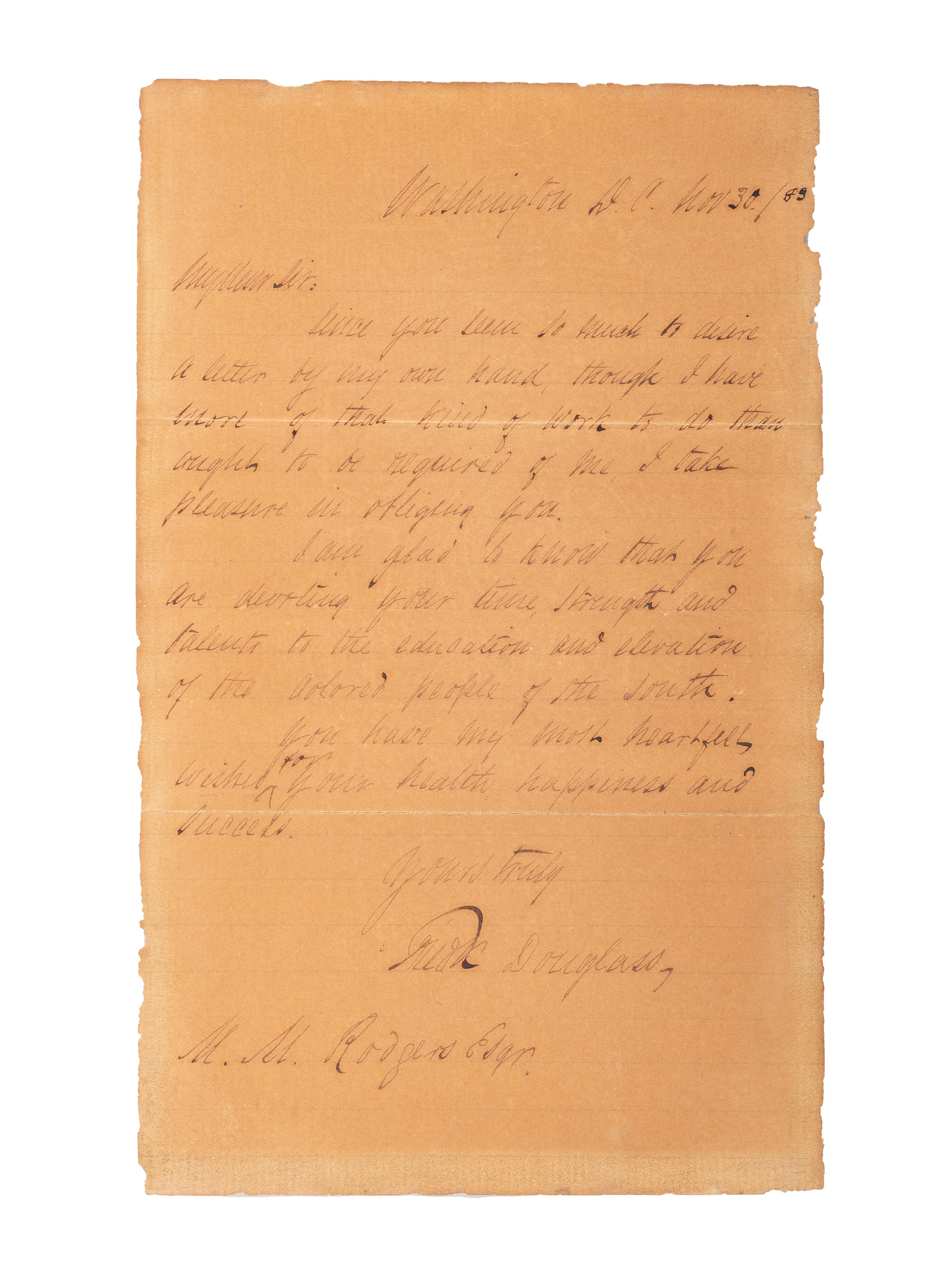 DOUGLASS, Frederick (1817-1895). Autograph letter signed ("Fredk. Douglass"), to M. M. Rodgers. Washington DC, 30 November 1888.