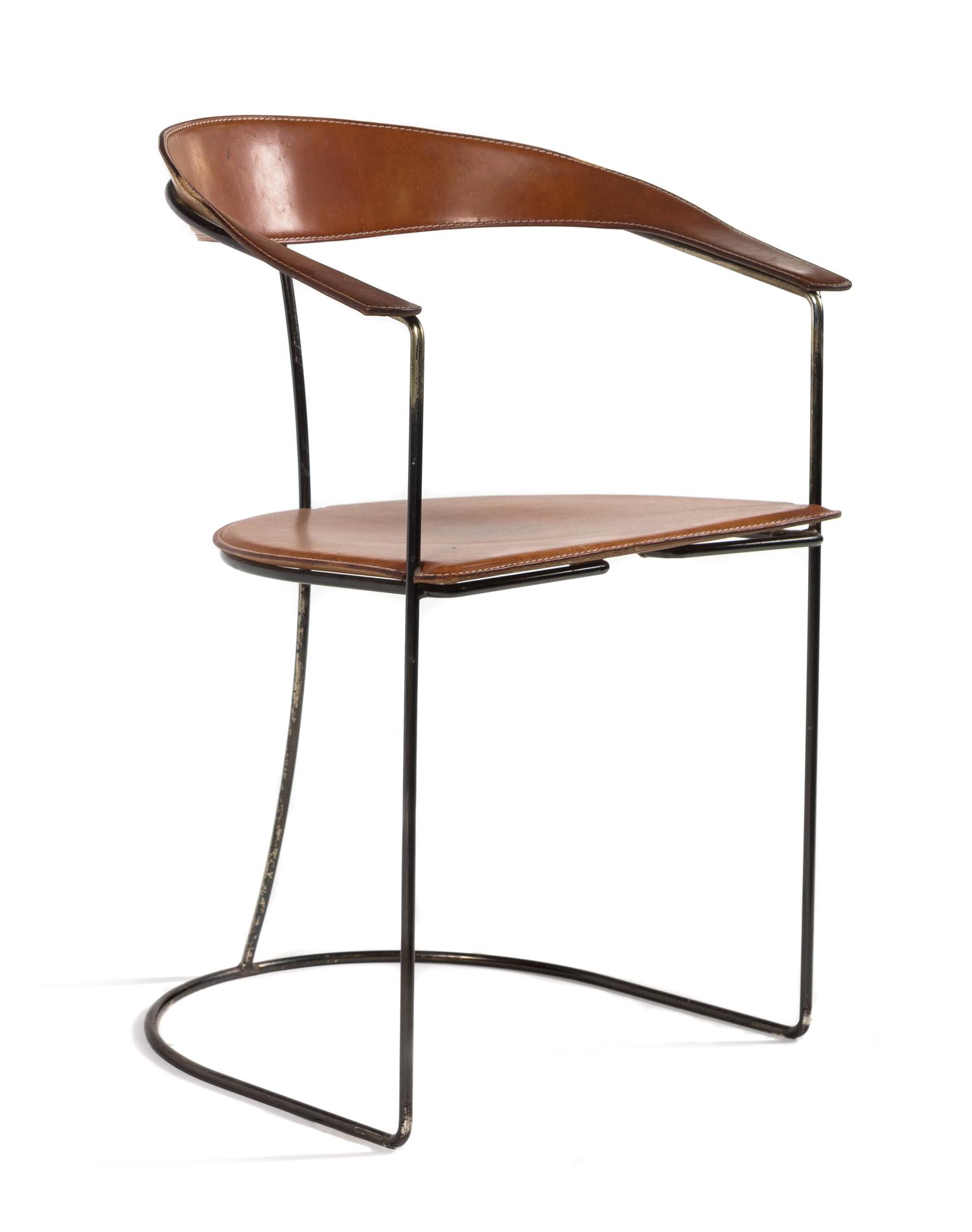 An Enameled Metal and Brown Leather Horseshoe Back Chair Height 30 1/2 inches. — ITALY, MID 20TH CENTURY