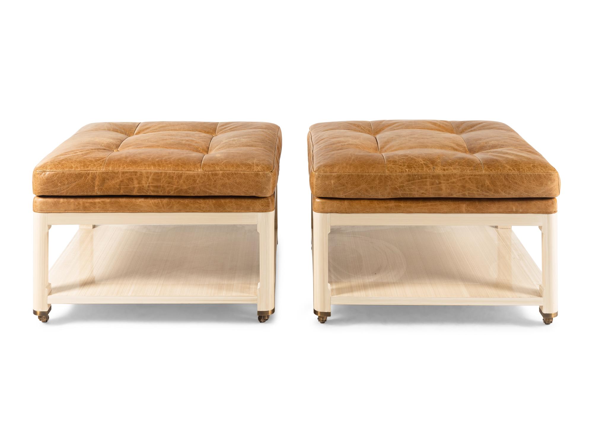 A Pair of Custom Leather-Upholstered Ottoman Tables Supplied by Jonas, New York
