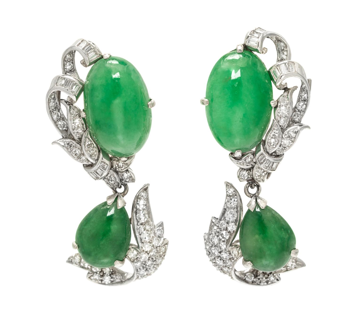 A Pair of Platinum, Jadeite Jade and Diamond Convertible Earclips, Gump's, Circa 1950, 13.30 dwts.
