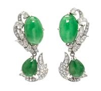 A Pair of Platinum, Jadeite Jade and Diamond Convertible Earclips, Gump's, Circa 1950, 13.30 dwts.