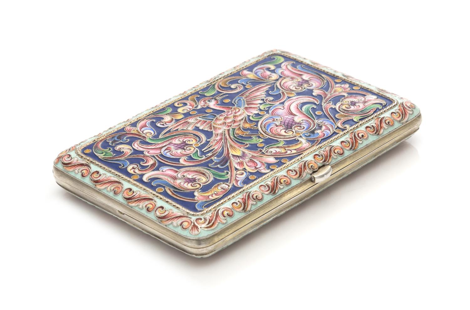 A Russian Enameled Silver Cigarette Case, Maker's Mark Obscured, Late 19th/Early 20th Century, the case lid and base centered by a poly