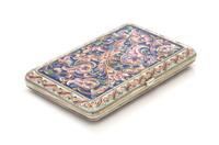 A Russian Enameled Silver Cigarette Case, Maker's Mark Obscured, Late 19th/Early 20th Century, the case lid and base centered by a poly