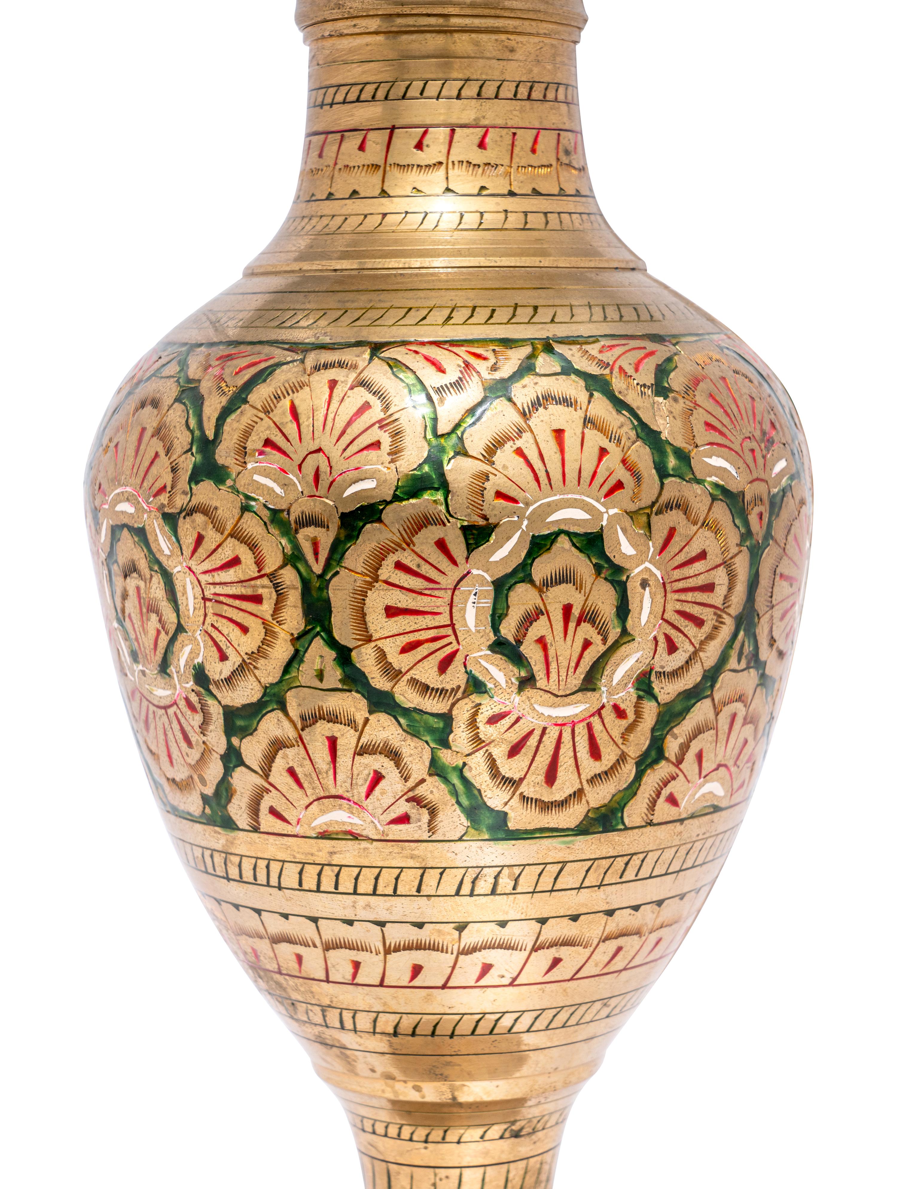 A Pair of Middle Eastern Enameled Brass Vases