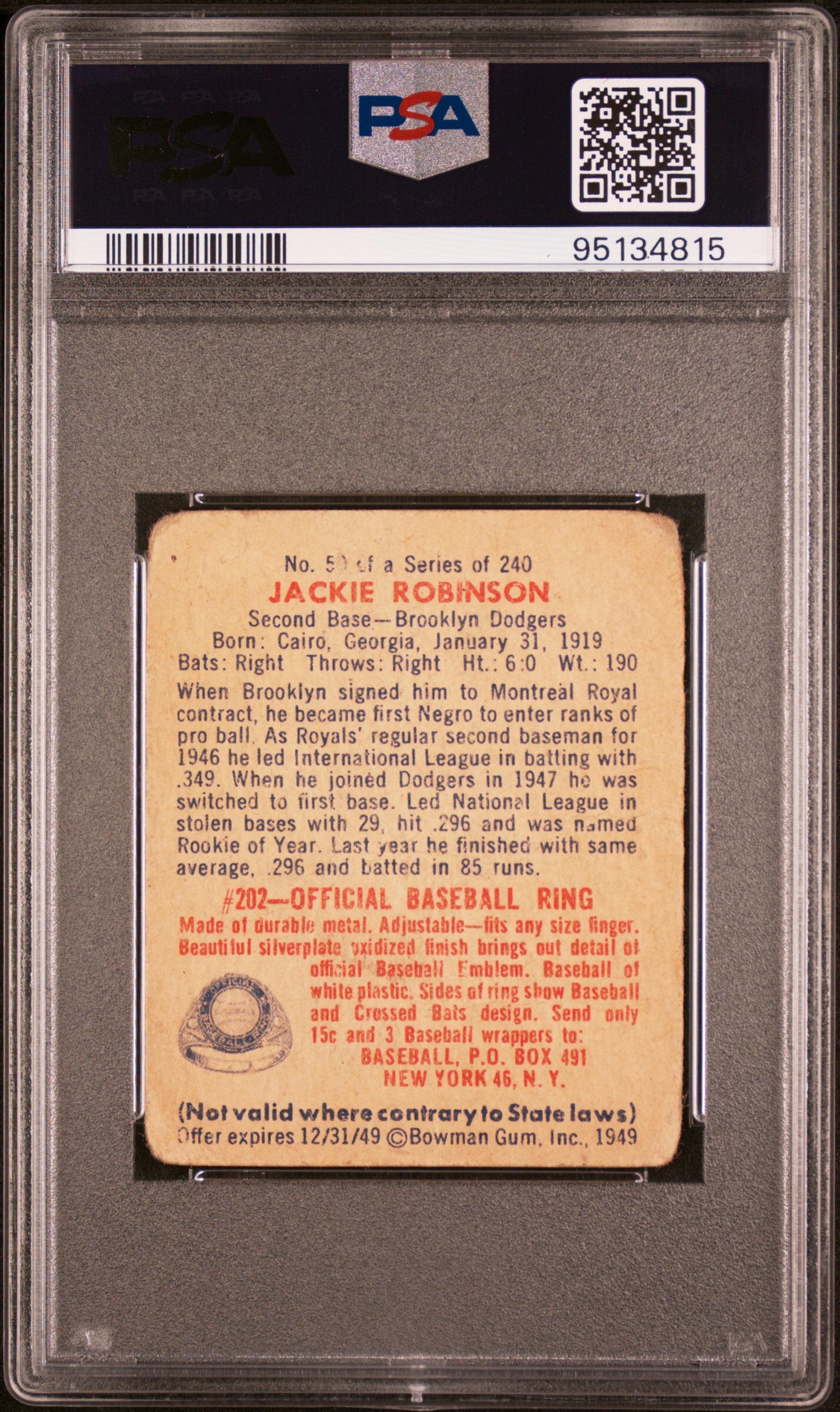 A 1949 Bowman Jackie Robinson Baseball Card No. 50 (PSA 1)