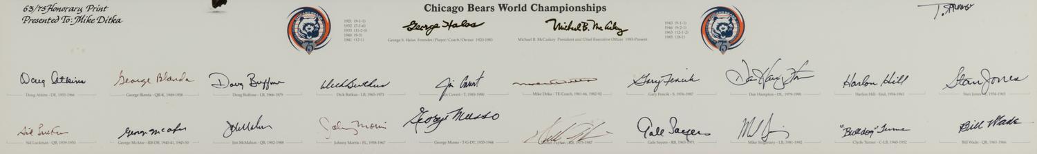 A Chicago Bears 75th Anniversary Signed Autograph Print Gifted to Mike Ditka Formerly Displayed at Mike Ditka's Restaurant