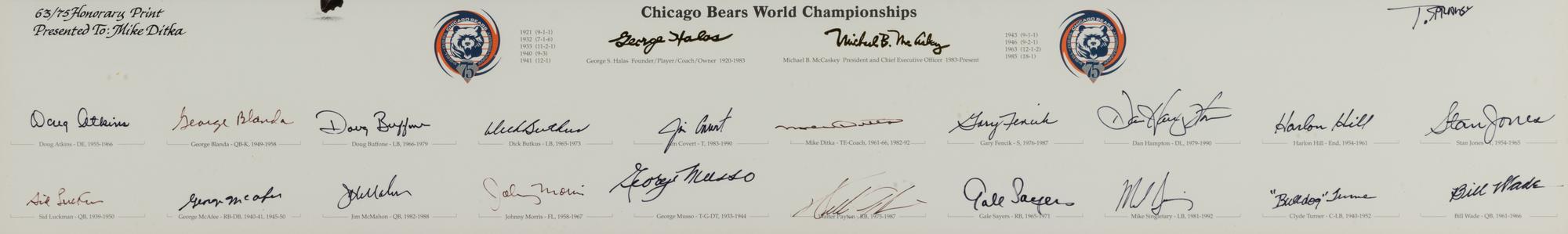 A Chicago Bears 75th Anniversary Signed Autograph Print Gifted to Mike Ditka Formerly Displayed at Mike Ditka's Restaurant