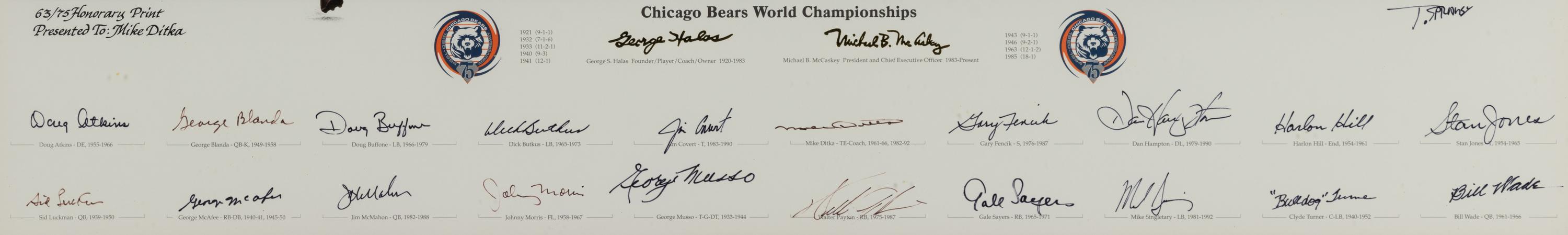 A Chicago Bears 75th Anniversary Signed Autograph Print Gifted to Mike Ditka Formerly Displayed at Mike Ditka's Restaurant