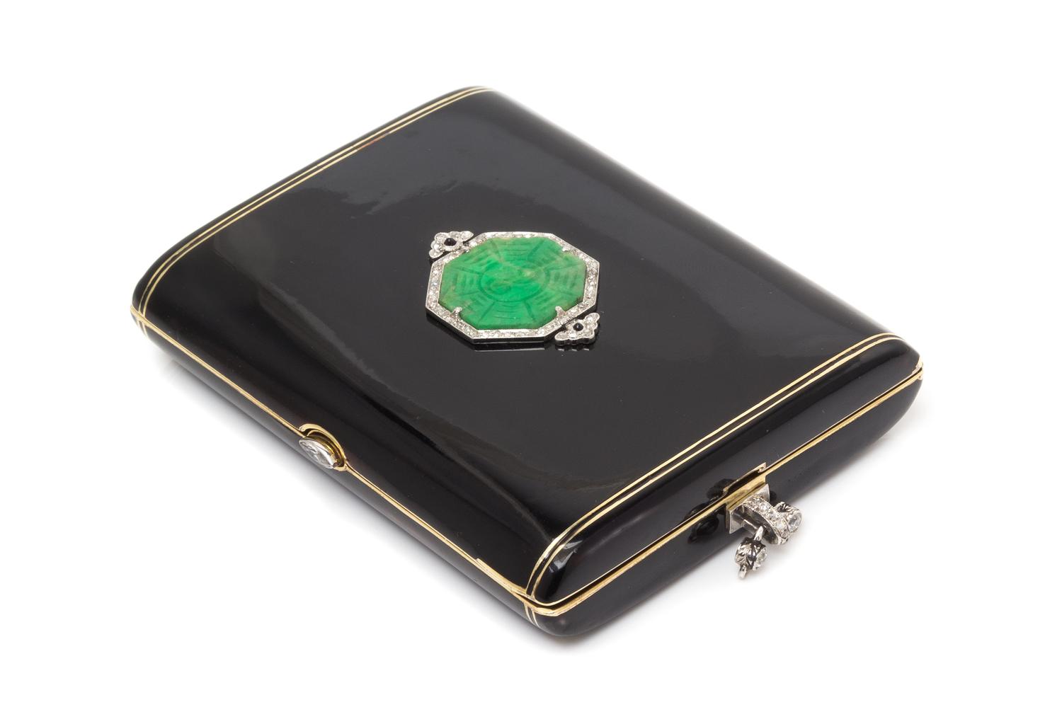An Art Deco Yellow Gold, Platinum, Jade, Diamond and Enamel Cigarette Case, 72.00 dwts.