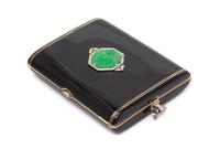 An Art Deco Yellow Gold, Platinum, Jade, Diamond and Enamel Cigarette Case, 72.00 dwts.
