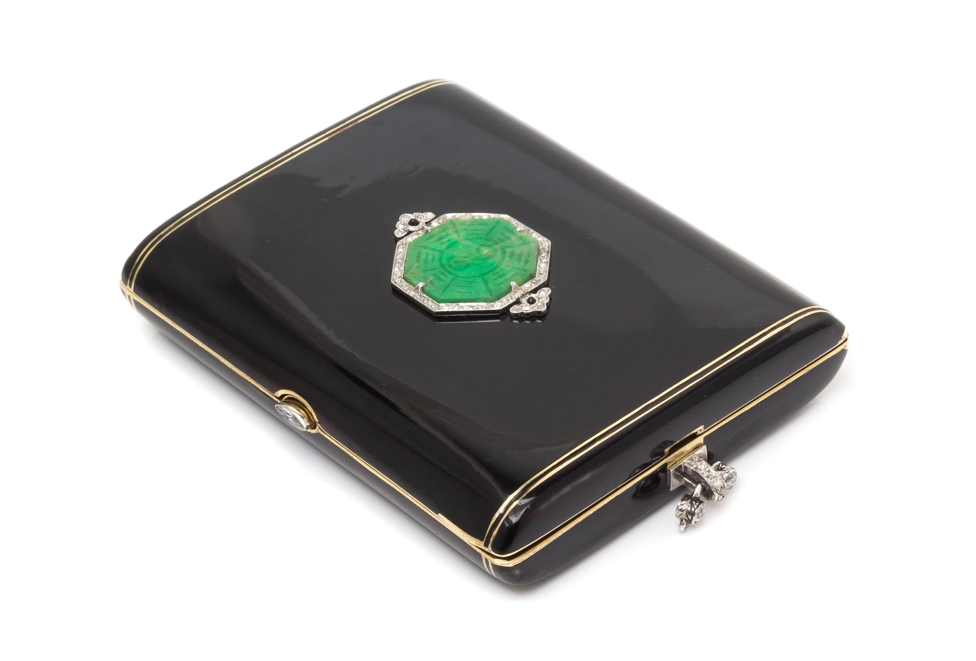 An Art Deco Yellow Gold, Platinum, Jade, Diamond and Enamel Cigarette Case, 72.00 dwts.