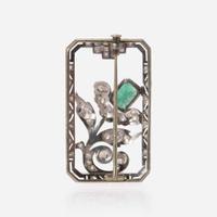 An 18K White Gold, Diamond, and Emerald Brooch