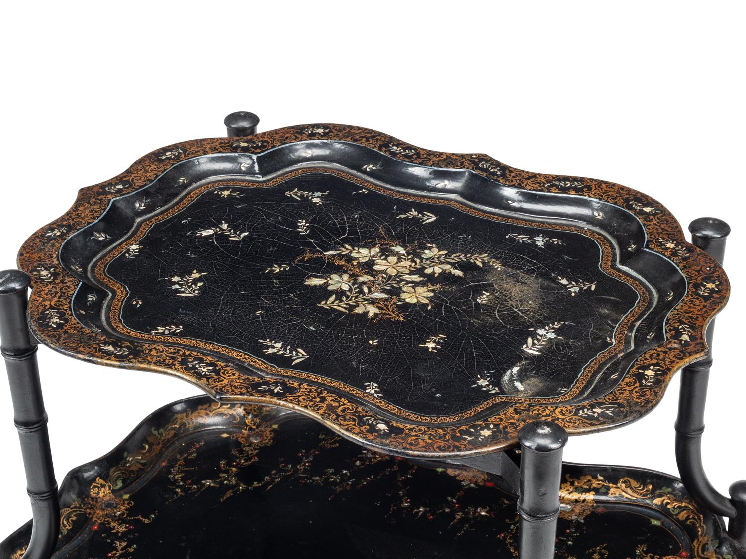 A Victorian Papier Mâché and Mother-of-Pearl Inlaid Two-Tier Tray Table