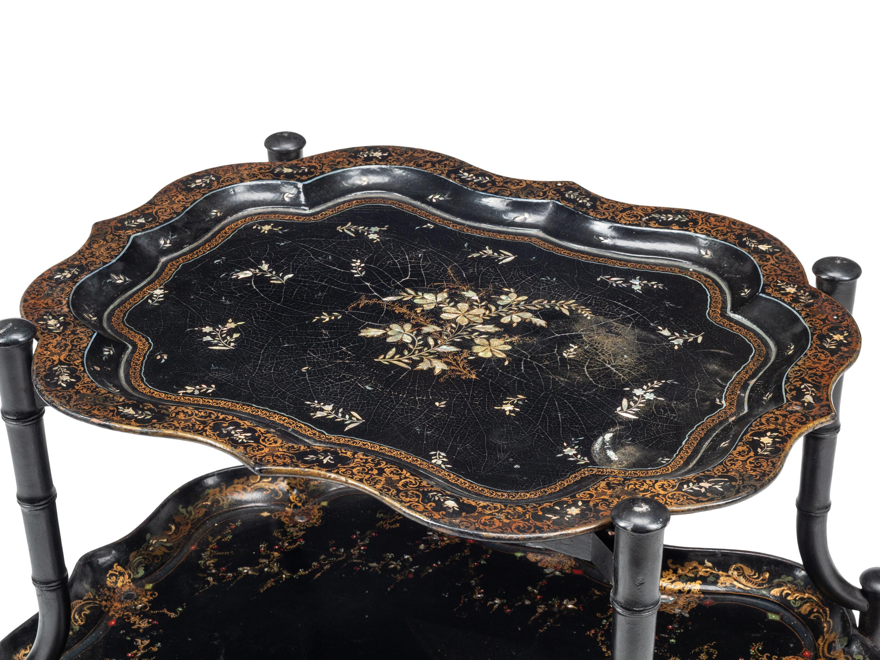 A Victorian Papier Mâché and Mother-of-Pearl Inlaid Two-Tier Tray Table